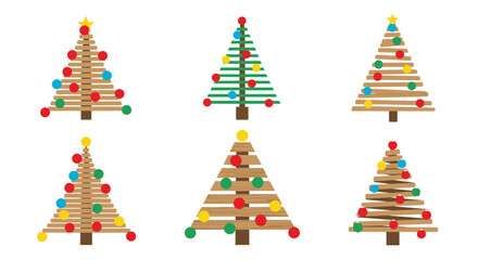 Obraz premium Creative set of six stylized Christmas trees crafted from horizontal wooden planks and decorated with vibrant colorful ornaments and stars.