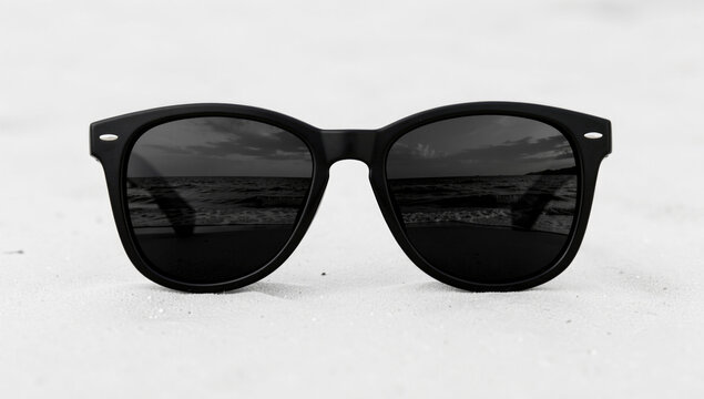 A pair of sunglasses sits on the sandy beach, awaiting their owner's return