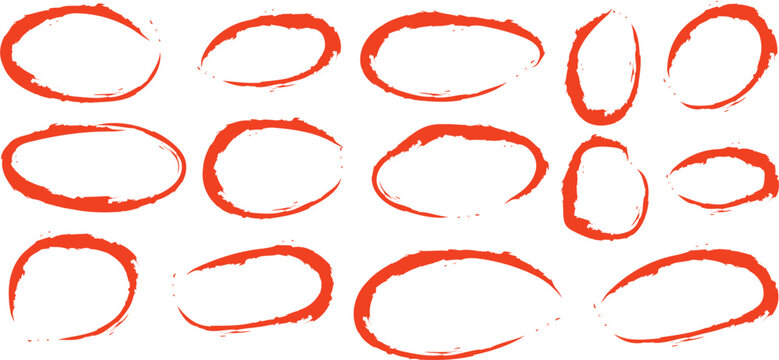 Collection of red brush stroke oval shapes on white background for design elements  various sizes and orientations