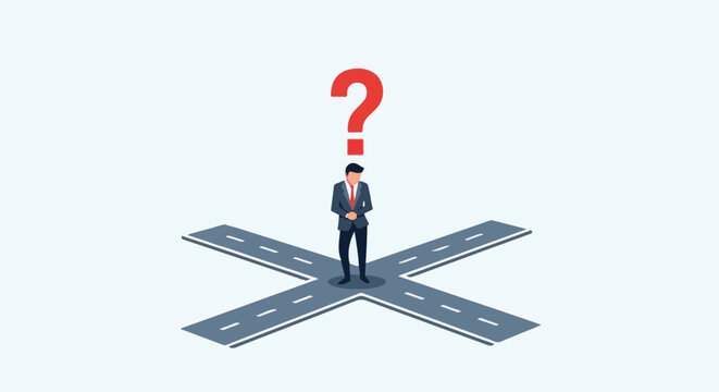 Businessman at a crossroads, question mark above