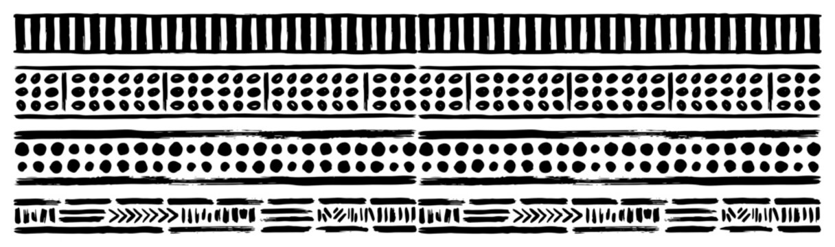 Primitive ethnic border pattern with hand drawn stripes and dots