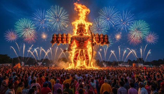 Crowd gathers for the burning of a giant effigy during the festival, filled with fireworks and Ravan Dahan performed on Dussehra, also known as Vijayadashami
