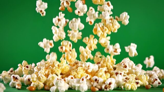 Fresh popped popcorn falling on green background with kernels and fluffy texture
