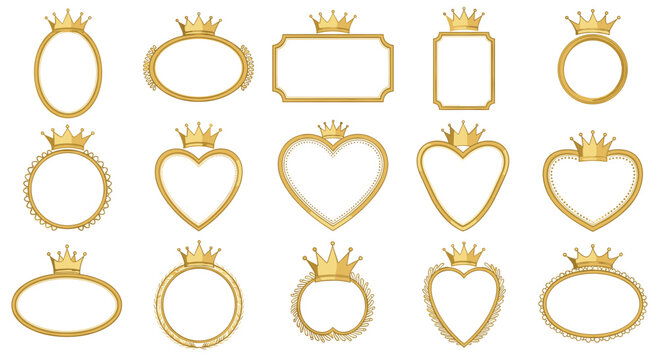 Large set of fifteen royal-themed frames in different shapes featuring golden borders and ornate crowns on a white background.