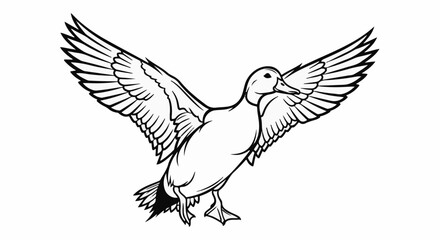 Obraz premium Black and white line drawing of a duck in mid-flight with wings spread wide
