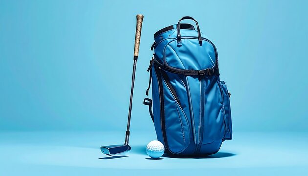 A blue golf bag with a putter and ball on blue background