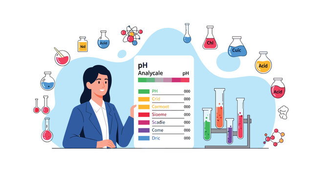 Professional female scientist presenting a pH scale chart surrounded by various laboratory chemical flasks, test tubes, and molecules.
