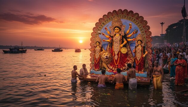 Crowd gathers at the river bank for the ritual of Durga Puja during sunset in West Bengal, India with a large idol of Goddess Durga