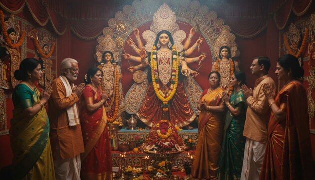 People gather to celebrate a Durga Puja festival with offerings to maa durga idol and prayers at a temple during the evening in India