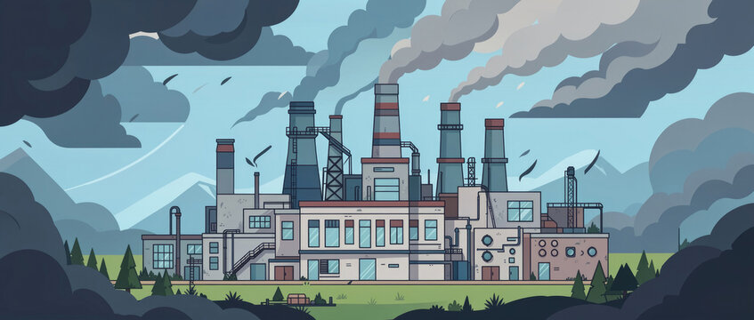 A factory emitting smoke into the air, likely an industrial setting