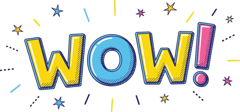 Creative vector graphic illustration featuring the word wow written in a colorful comic book style with vibrant stars and dynamic lines for expressive visual communication