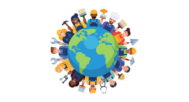 A symbolic vector illustration of diverse workers encircling the globe celebrates International Labour Day, showcasing various professions in a colorful and inclusive composition