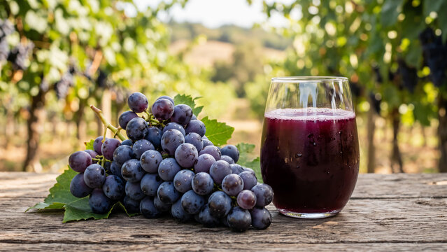 a bunch of grapes and a glass of grape juice