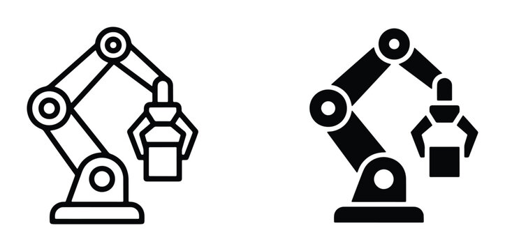Industrial robotic arm icons, automated factory machinery symbols, black linear and solid mechanical manipulator vector set for manufacturing
