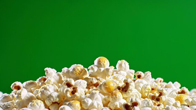 Close up of fresh buttery popcorn with one piece mid-air on vibrant green background