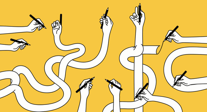 Abstract illustration of multiple hands holding pens with elongated arms, symbolizing collaborative writing, creative process, communication, and idea generation