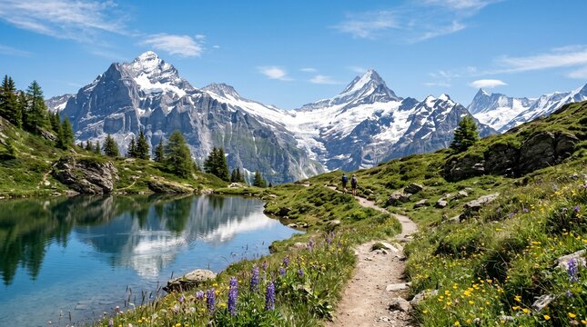 Snow-capped peaks reflecting in pristine alpine lake, winding hiking path through vibrant green meadows and wildflowers under clear blue sky