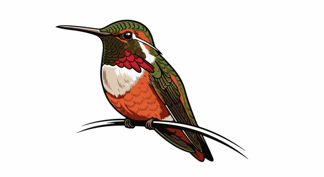 An illustration of a small, vibrantly colored bird perched on a thin branch
