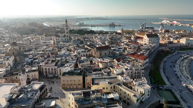 Aerial view of Bari old town and harbor at sunrise