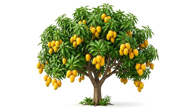 Mango tree with ripe yellow mangoes isolated on white background