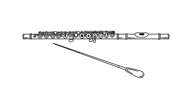 Black and white illustration of a concert flute and a conductor's baton
