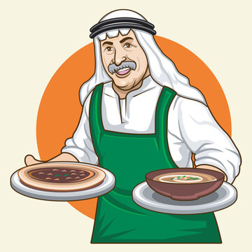 Cheerful Lebanese Chef Mascot Presenting Manoushe Flatbread and Traditional Soup