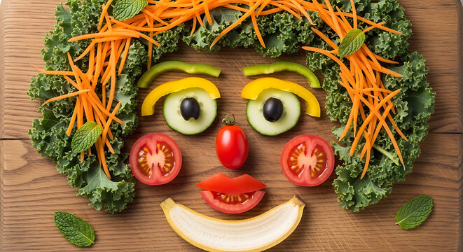 Vegetable face with kale hair, carrot strips, and bell pepper eyebrows