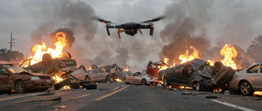 A scene of destruction with multiple cars burning out of control