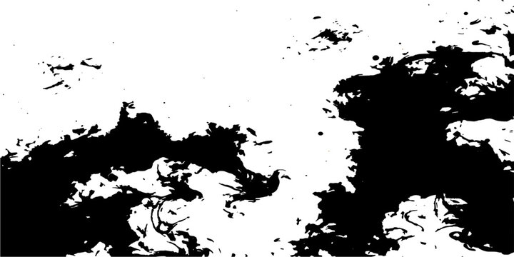 An abstract black ink splat grunge background featuring a dirty paint spray texture and floral splatter design element with a decorative border frame pattern
