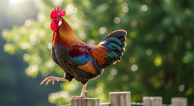 Colorful rooster with red comb standing on wooden fence in sunlight chicken bird fowl poultry