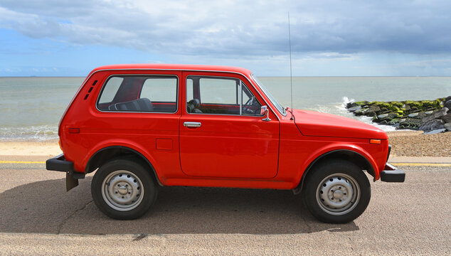 Classic  Red Lada Niva iconic Russian all-wheel-drive off-road vehicle
