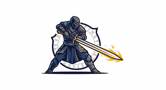 Armored warrior with glowing sword and ancient runes on shield