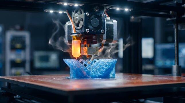 Industrial 3d printer nozzle creating complex plastic structure in laboratory.