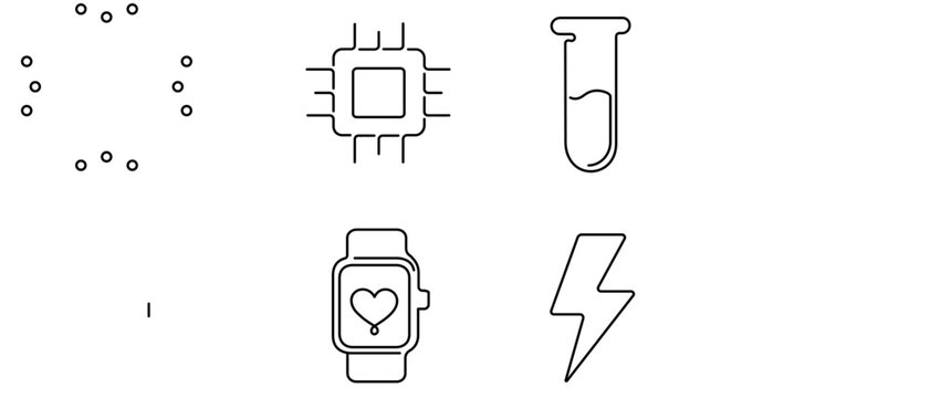 Biohacking and Biotechnology Vector Icon Set with Editable Stroke. Collection of 4 Minimalist Icons featuring a Microchip, Lab Test Tube, Smartwatch with Heart Rate, and Power Lightning Bolt.