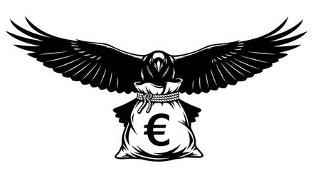 Obraz premium Black raven holding euro money bag with wings spread