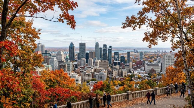 Autumn view of downtown Montreal with colorful foliage, city skyline framed by vivid fall trees, seasonal travel destination with strong tourism and editorial appeal, crisp urban atmosphere, soft