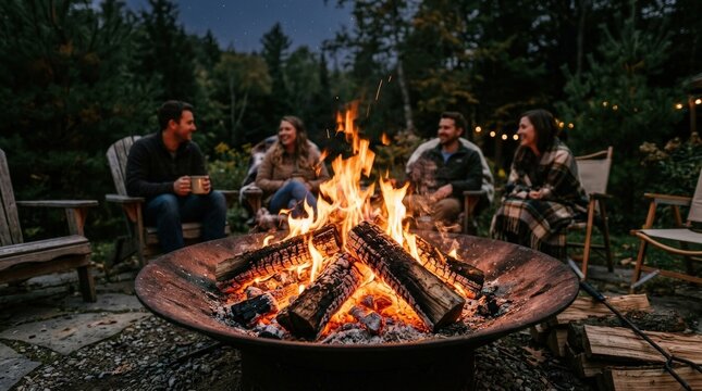 Glowing embers and flames in a fire pit, warm outdoor evening atmosphere, cozy gathering, heat and comfort concept with strong commercial appeal for leisure or camping themes, realistic fire texture,
