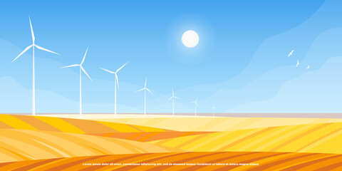 A modern flat vector landscape showing wind turbines across open farmland under a clear blue sky, symbolizing renewable energy, sustainability, and a clean future © Light Slice