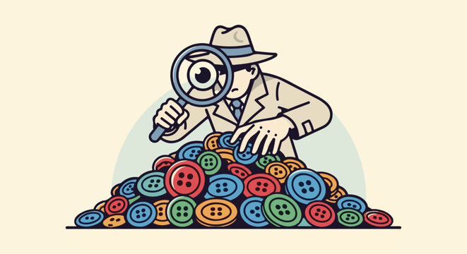 Cartoon detective examines a large pile of colorful buttons with a magnifying glass