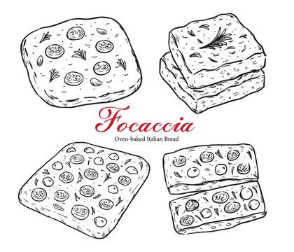 Set of hand drawn Focaccia oven baked Italian bread outline drawing illustration