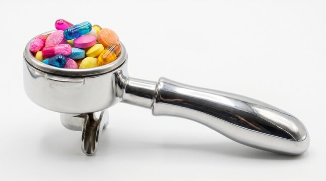 Stainless steel espresso portafilter filled with colorful medicinal capsules and pills isolated on white background for health and caffeine reliance concepts