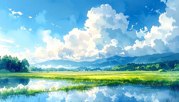 田舎夏風景田んぼ入道雲水彩ポスター2
