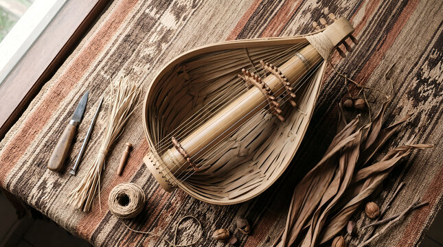 Top view Sasando arrangement with artisan materials and organic texture. Great for heritage, education, and tourism content