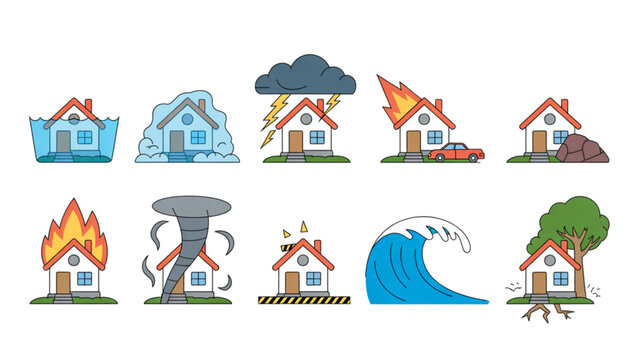 Minimal line illustration natural disaster icon set including earthquake flood storm wildfire and eruption warning concept design