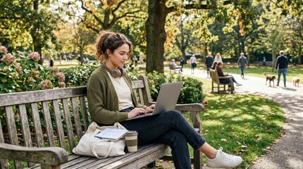 Fototapeta premium Young female using a laptop for research in a park, fresh open air workspace scene with modern digital lifestyle appeal, study, freelancing and flexibility concept, natural expression, realistic park