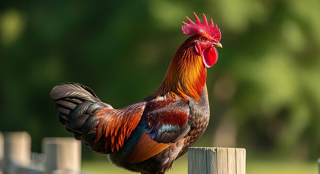 Vibrant rooster with red comb perched on wooden post in sunlight chicken bird fowl poultry