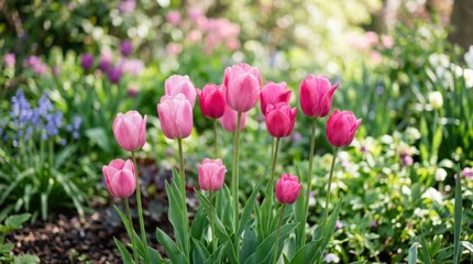 Obraz premium Pink tulips in spring garden, vibrant floral scene for nature, gardening and seasonal background use, fresh blossoms with dreamy bokeh, soft focus depth and rich petal texture creating a calm,