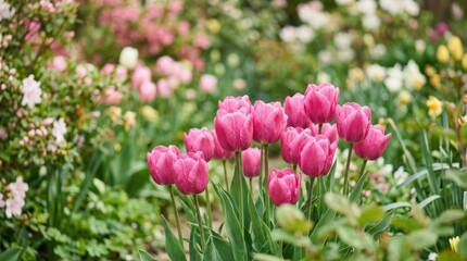 Obraz premium Pink tulips in spring garden, vibrant floral scene for nature, gardening and seasonal background use, fresh blossoms with dreamy bokeh, soft focus depth and rich petal texture creating a calm,