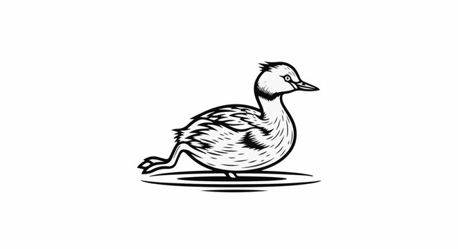 Black and white woodcut-style illustration of a grebe chick on water