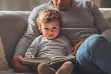 Obraz premium Father reading a book to his curious child on a cozy sofa at home creating warm memories together. Bonding moments shared through storytelling and love. Generative AI